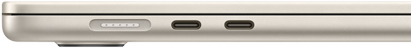 Port MagSafe situé du côté gauche, le plus en arrière sur l'appareil. Deux ports Thunderbolt situés du côté gauche, devant le port MagSafe