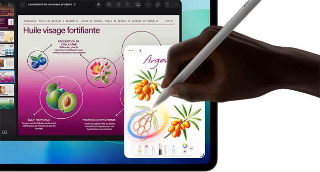 iPad Pro, écran face avant avec fond dégradé bleu foncé et vert et plusieurs apps ouvertes, main tenant un Apple Pencil Pro encerclant un croquis et illustrant la fonctionnalité baguette graphique d’Apple Intelligence