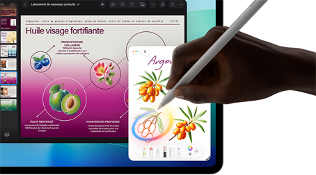 iPad Pro, écran face avant avec fond dégradé bleu foncé et vert et plusieurs apps ouvertes, main tenant un Apple Pencil Pro encerclant un croquis et illustrant la fonctionnalité baguette graphique d’Apple Intelligence