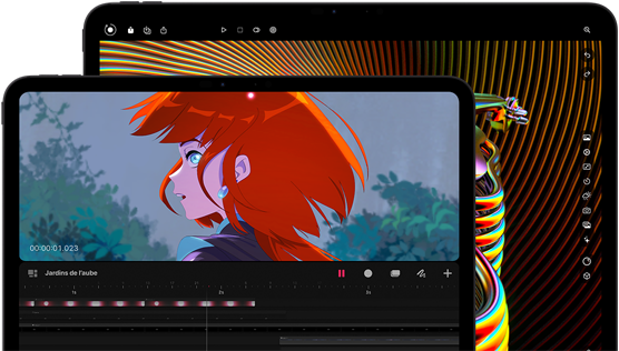 iPad Pro 13 pouces et iPad Pro 11 pouces, face avant, orientation paysage, noir sidéral, angles arrondis, cadre noir de l’écran, écran de l’iPad 11 pouces affichant une image éclatante d’un personnage aux cheveux roux, écran de l’iPad 13 pouces affichant des éléments colorés de l’interface de retouche photo